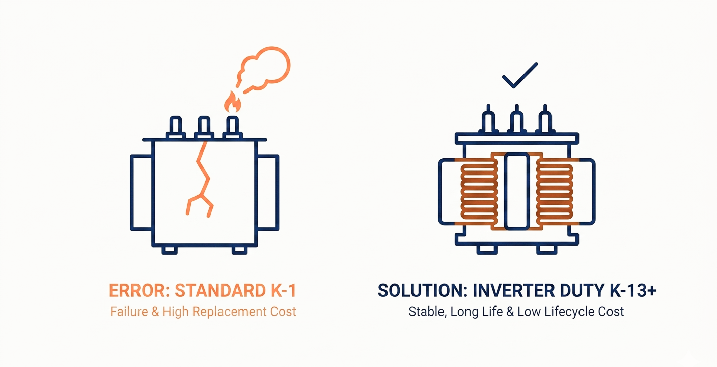 Error: Standard K-1 transformer causes failure and high replacement cost. Solution: Inverter Duty K-13+ provides stable, long life and low lifecycle cost.