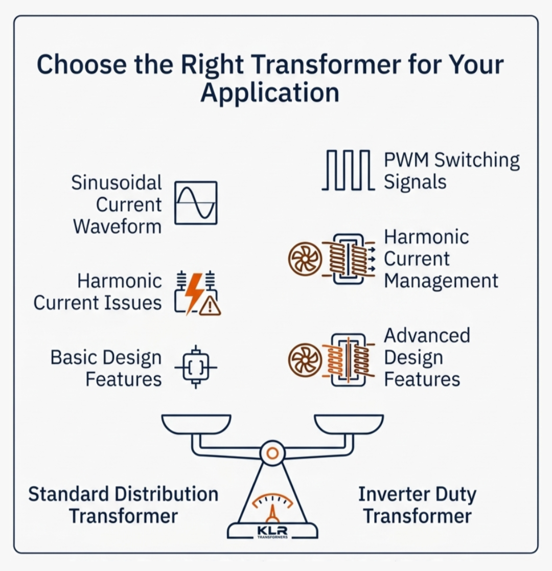 Choose the Right Transformer for Your Application — KLR Transformers infographic showing Standard Distribution Transformer vs Inverter Duty Transformer comparison